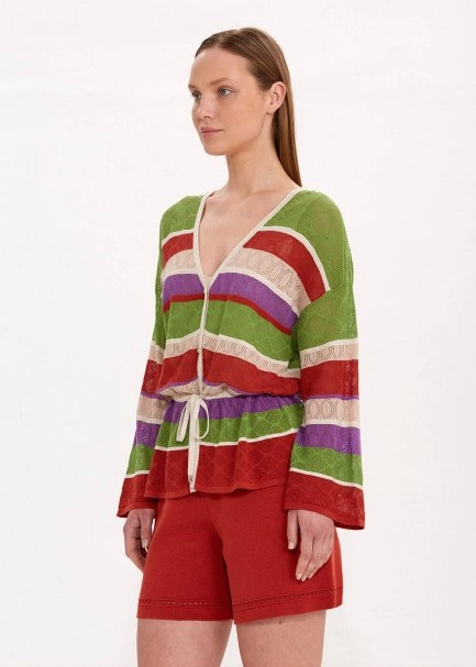 JEWEL BUTTONS COLOR BLOCK KNIT CARDIGAN - 3