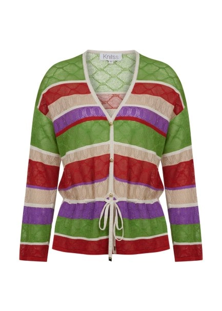 JEWEL BUTTONS COLOR BLOCK KNIT CARDIGAN - 6