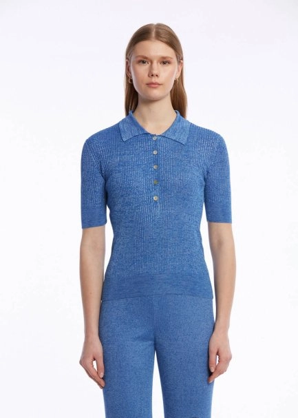 JEWEL BUTTONS POLO NECK AZURE KNIT TOP - 1