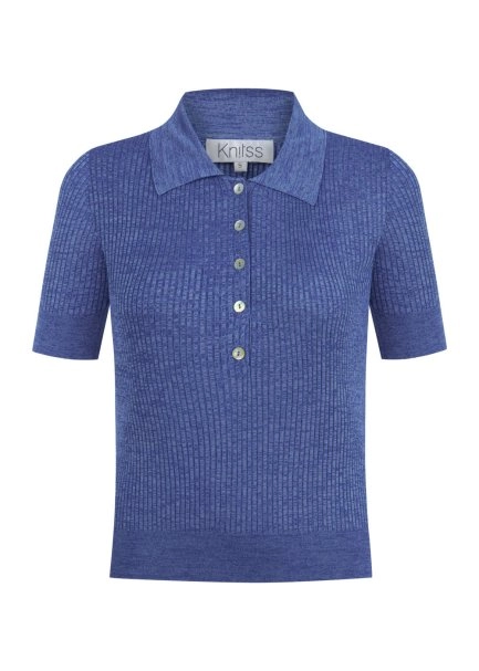 JEWEL BUTTONS POLO NECK AZURE KNIT TOP - 6