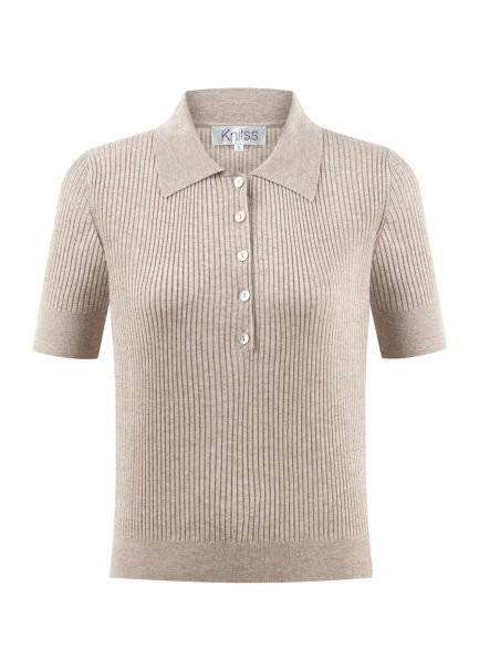 JEWEL BUTTONS POLO NECK SAND KNIT TOP - 6