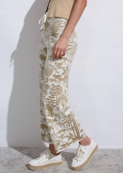 Jungle Pattern Ecru Beıge Knıt Pants - 3