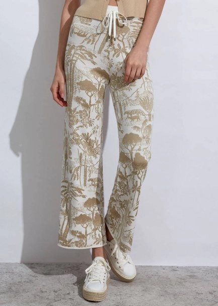 Jungle Pattern Ecru Beıge Knıt Pants - 4