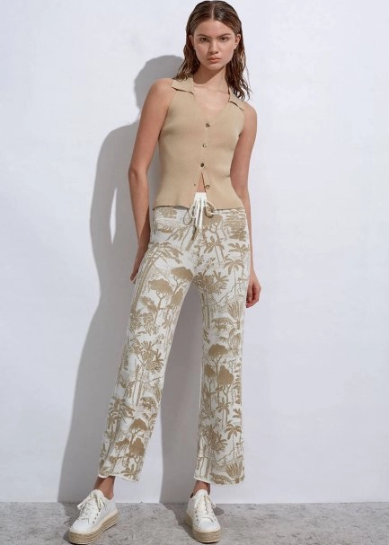 Jungle Pattern Ecru Beıge Knıt Pants - 6