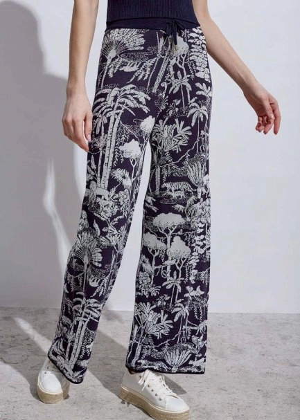 Jungle Pattern Ecru Navy Knıt Pants - 1