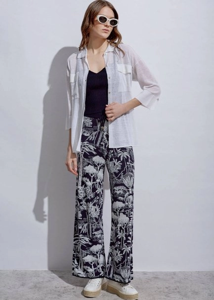 Jungle Pattern Ecru Navy Knıt Pants - 4
