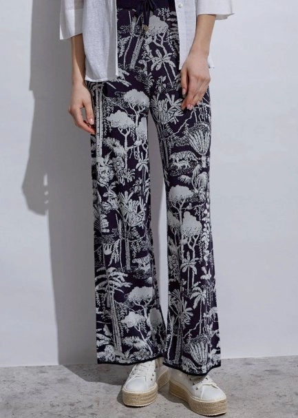 Jungle Pattern Ecru Navy Knıt Pants - 5