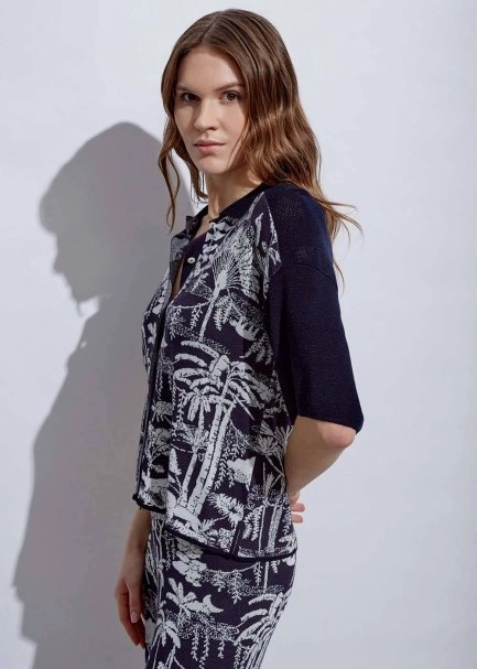 Jungle Pattern Ecru Navy Knıt Top - 3