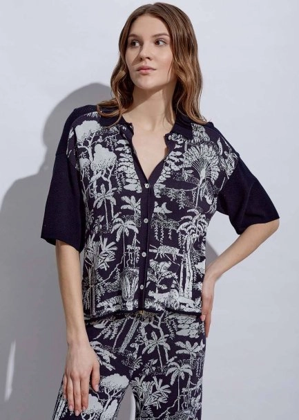 Jungle Pattern Ecru Navy Knıt Top - 4