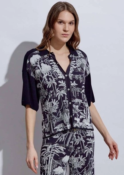 Jungle Pattern Ecru Navy Knıt Top - 6