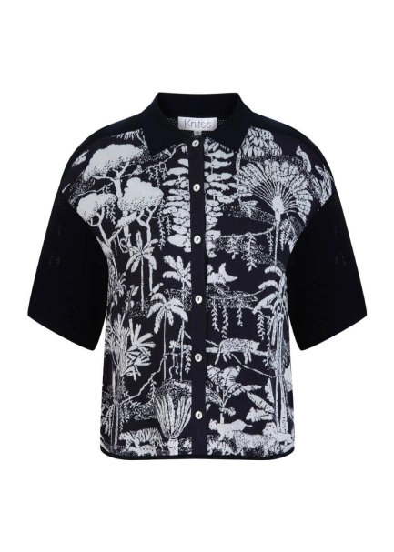 Jungle Pattern Ecru Navy Knıt Top - 7