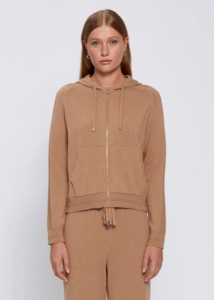 Kapüşonlu Camel Triko Hırka - 1