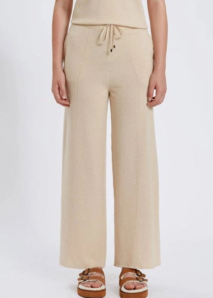 Kaşmir Karışımlı Bağcıklı Bej Triko Pantolon - 2