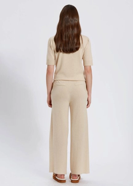 Kaşmir Karışımlı Bağcıklı Bej Triko Pantolon - 5
