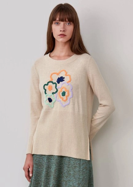Kaşmir Karışımlı Çiçek İşlemeli Bej Triko Kazak - 1