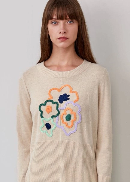 Kaşmir Karışımlı Çiçek İşlemeli Bej Triko Kazak - 6