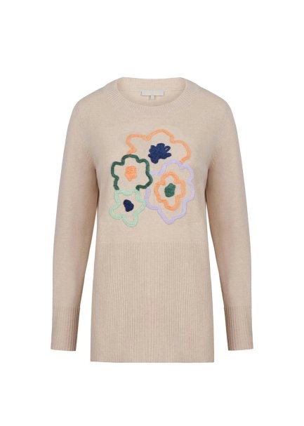 Kaşmir Karışımlı Çiçek İşlemeli Bej Triko Kazak - 8