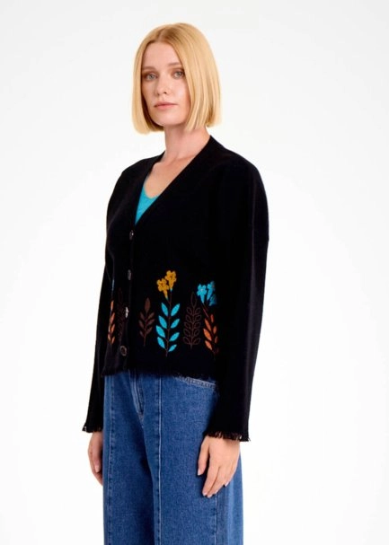 Kaşmir Karışımlı Çiçek Nakışlı Triko Hırka - 3