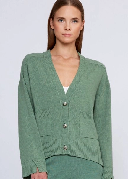 Kaşmir Karışımlı Düğmeli Yeşil Triko Hırka - 7