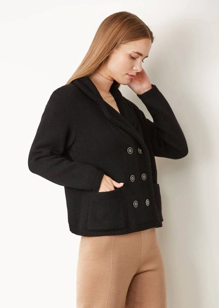Kaşmir Karışımlı Düğmeli Siyah Ceket - 4