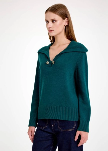 Kaşmir Karışımlı Geniş Yaka Yeşil Triko - 3