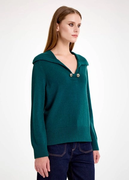 Kaşmir Karışımlı Geniş Yaka Yeşil Triko - 5