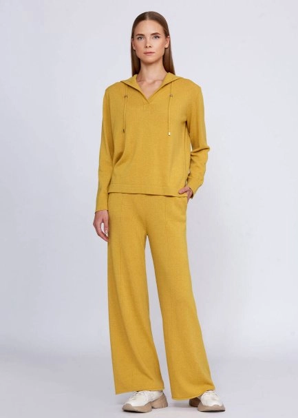 Kaşmir Karışımlı Kapüşonlu Sarı Triko Üst - 5