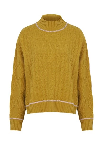 Kaşmir Karışımlı Saç Örgü Detaylı Hardal Triko - 8