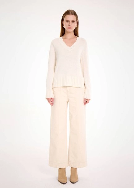 Kaşmir Karışımlı V Yaka Ekru Triko - 2