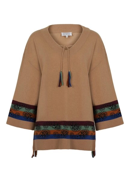 Kaşmir Yün Karışımlı V Yaka Camel Triko Tunik - 8