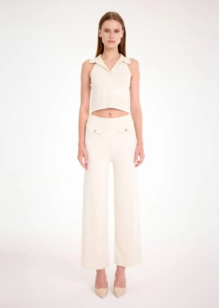 Kemer Detaylı Ekru Triko Pantolon - 2