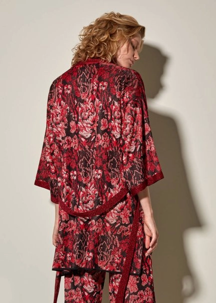 Kemerli Çiçek Desen Kırmızı Triko Kimono Hırka - 3