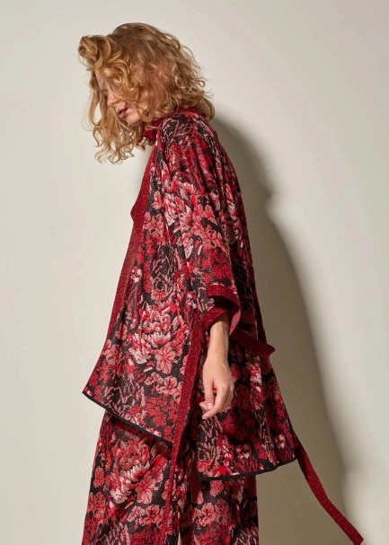 Kemerli Çiçek Desen Kırmızı Triko Kimono Hırka - 4