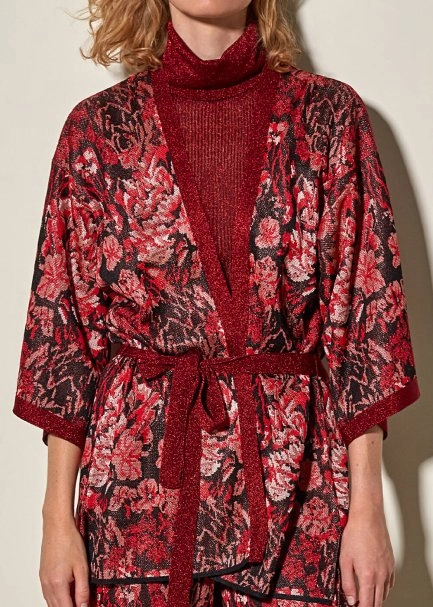 Kemerli Çiçek Desen Kırmızı Triko Kimono Hırka - 5