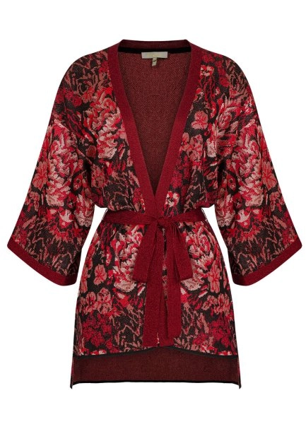 Kemerli Çiçek Desen Kırmızı Triko Kimono Hırka - 6