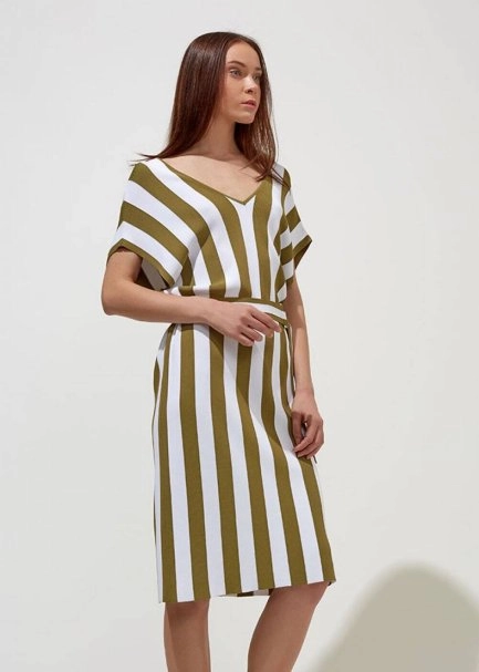 Kemerli Haki Beyaz Uzun Triko Elbise - 1