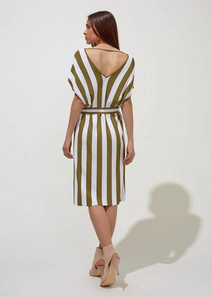 Kemerli Haki Beyaz Uzun Triko Elbise - 3