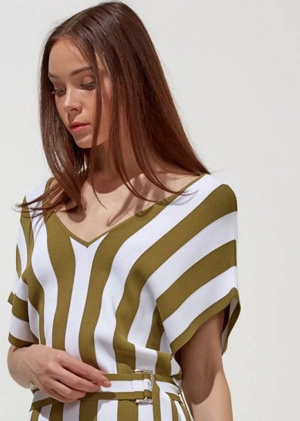 Kemerli Haki Beyaz Uzun Triko Elbise - 5