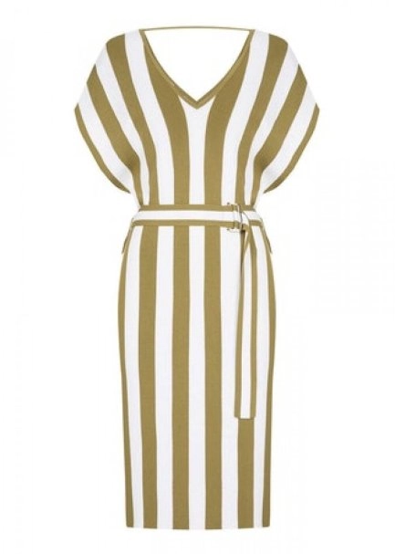 Kemerli Haki Beyaz Uzun Triko Elbise - 6