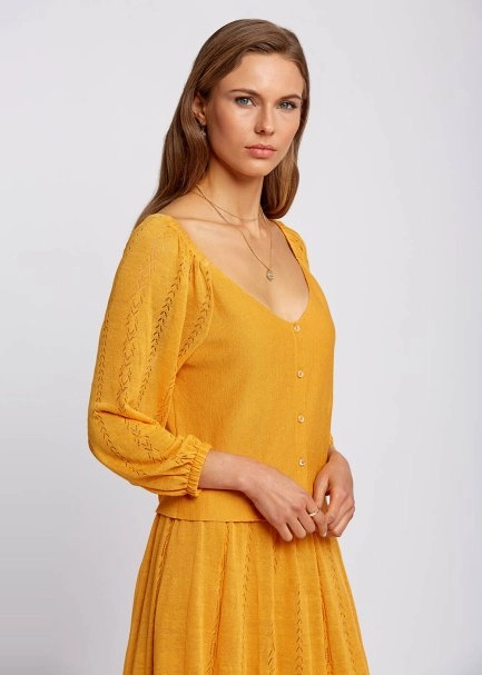 Keten Karışımlı Düğmeli Turuncu Triko Üst - 4