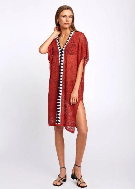 Keten Karışımlı Desenli Tarçın Rengi Triko Tunik - 5