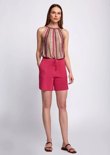 Keten Karışımlı Cepli Beli Bağcıklı Fuşya Triko Şort - 5