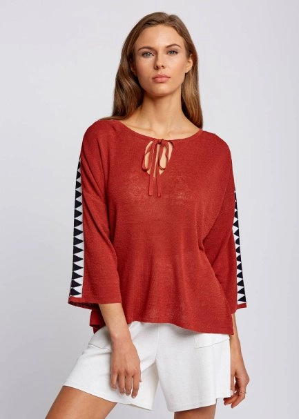 Keten Karışımlı Geometrik Detaylı Tarçın Triko Tunik - 1