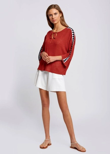 Keten Karışımlı Geometrik Detaylı Tarçın Triko Tunik - 2