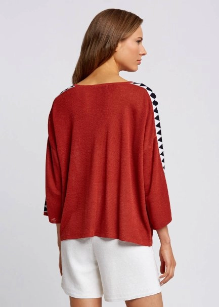 Keten Karışımlı Geometrik Detaylı Tarçın Triko Tunik - 3