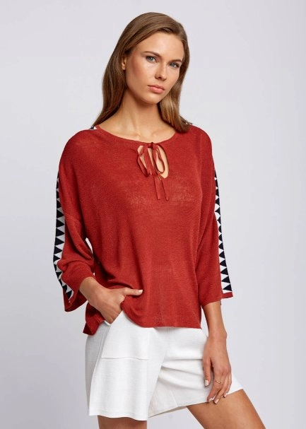 Keten Karışımlı Geometrik Detaylı Tarçın Triko Tunik - 4