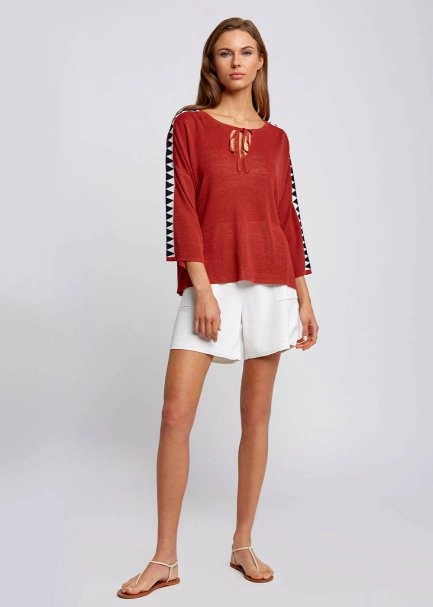 Keten Karışımlı Geometrik Detaylı Tarçın Triko Tunik - 5