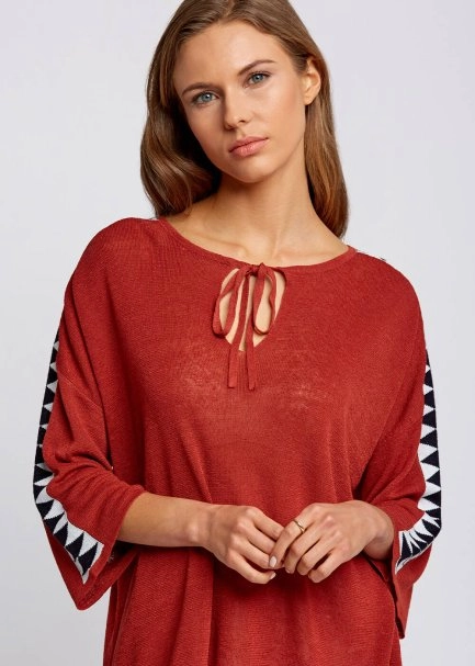 Keten Karışımlı Geometrik Detaylı Tarçın Triko Tunik - 6