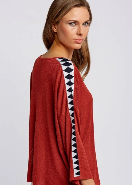 Keten Karışımlı Geometrik Detaylı Tarçın Triko Tunik - 7