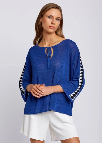 Keten Karışımlı Geometrik Detaylı Mavi Triko Tunik - 1